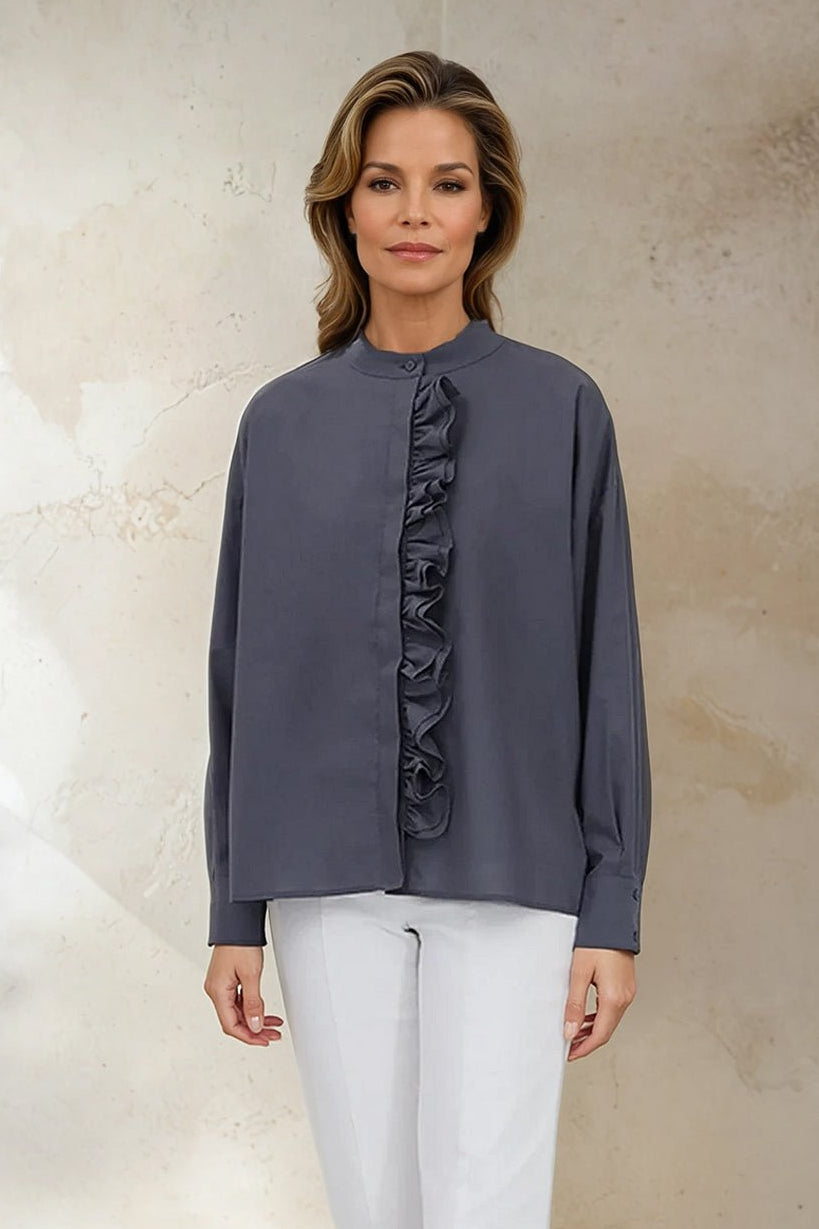 FLEUR RUFFLE SHIRT IN COTTON SLATE GREY - Jarbo