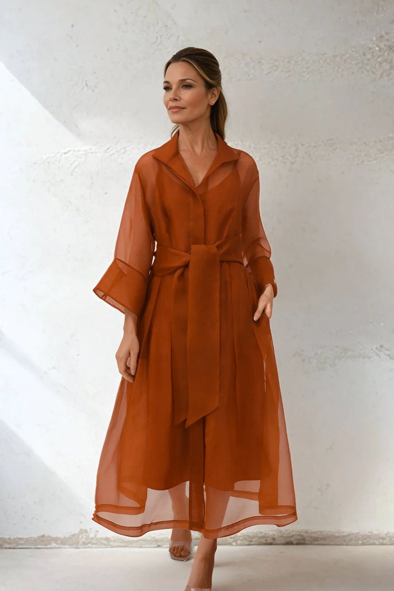 burnt orange and teal dress Gathered Neck Dress