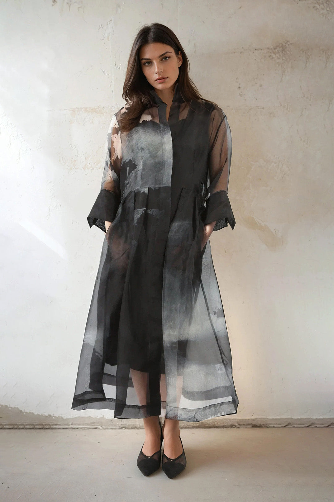 GABRIELLE PRINTED SILK ORGANZA DRESS IN GREY AND BLACK STORM