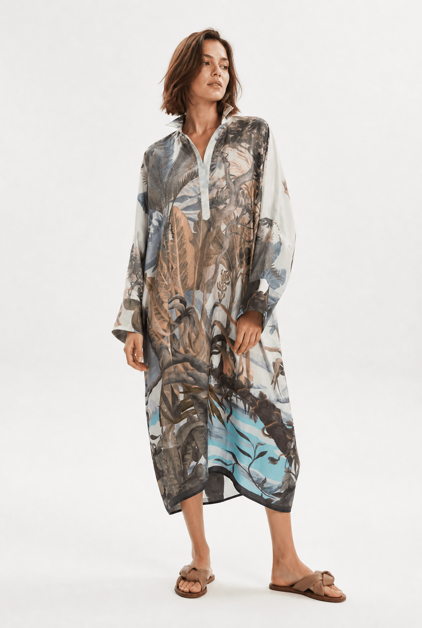 KONA KAFTAN IN SILK TWILL BLUE PALMS - Jarbo