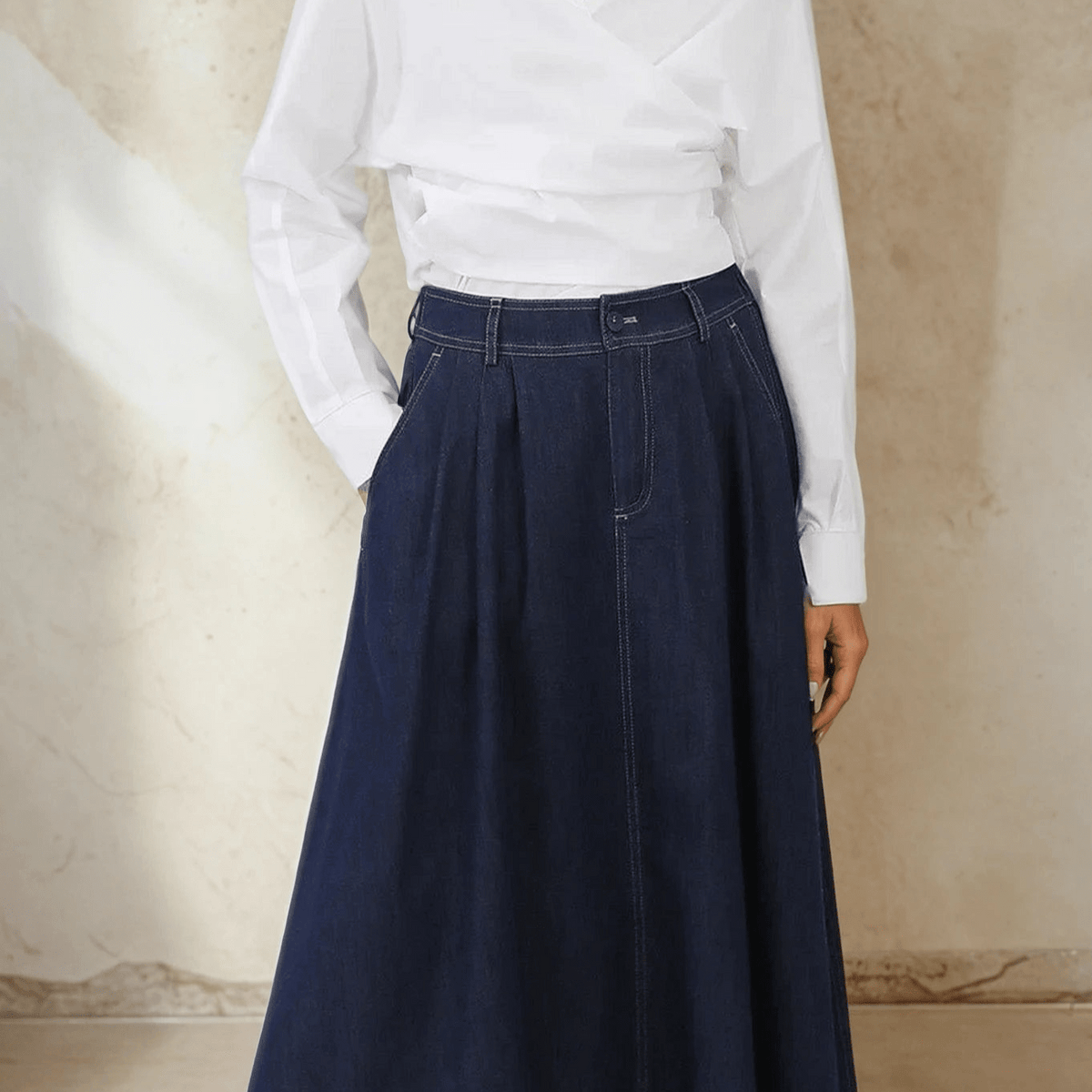 【I AM MARI】Rubeno Pin-Tuck Denim Blouse Skirt Set LEA SKIRT IN ITALIAN DENIM