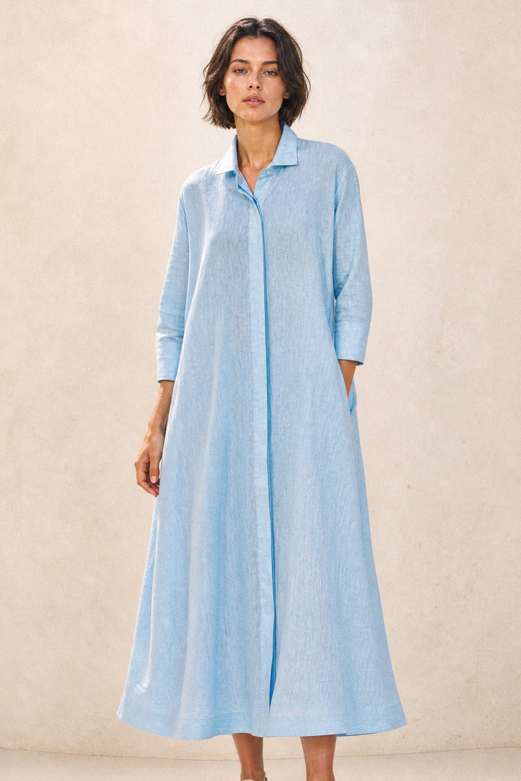 LIGHTWEIGHT DANNI DRESS IN ITALIAN LINEN COTTON AQUA MELANGE / XL