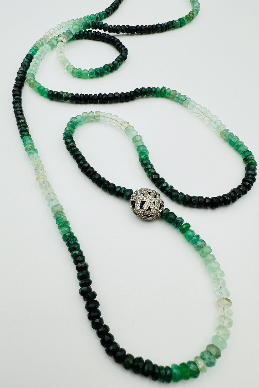 LONG EMERALD NECKALCE WITH DIAMOND FILIGREE BEAD - Jarbo