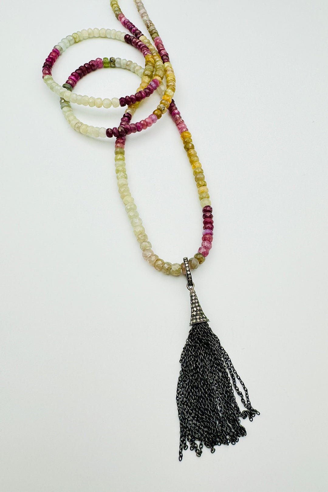 LONG MUTED SAPPHIRE NECKACE WITH DIAMOND TASSEL - Jarbo