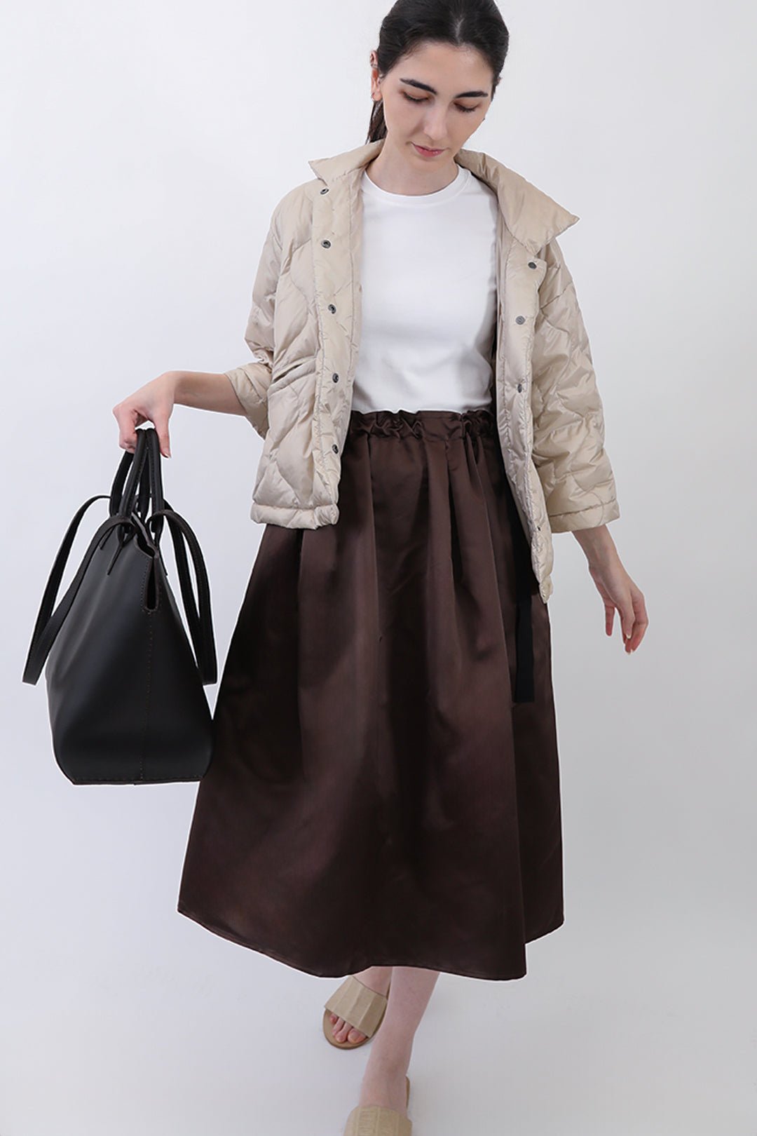 MAEVE MIDLENGTH DRAWSTRING SKIRT IN SILK SATIN CHOCOLATE - Jarbo