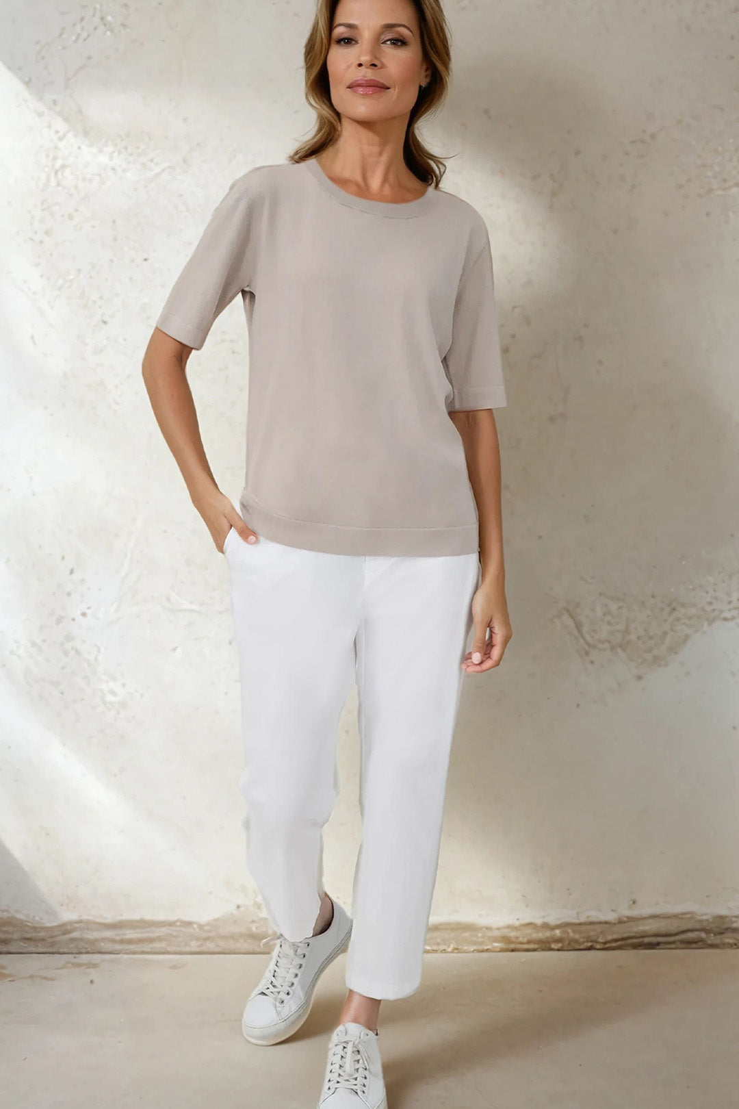 NICO TENNIS ELBOW SLEEVE CREW IN FINE GAGE ITALIAN SILK COTTON