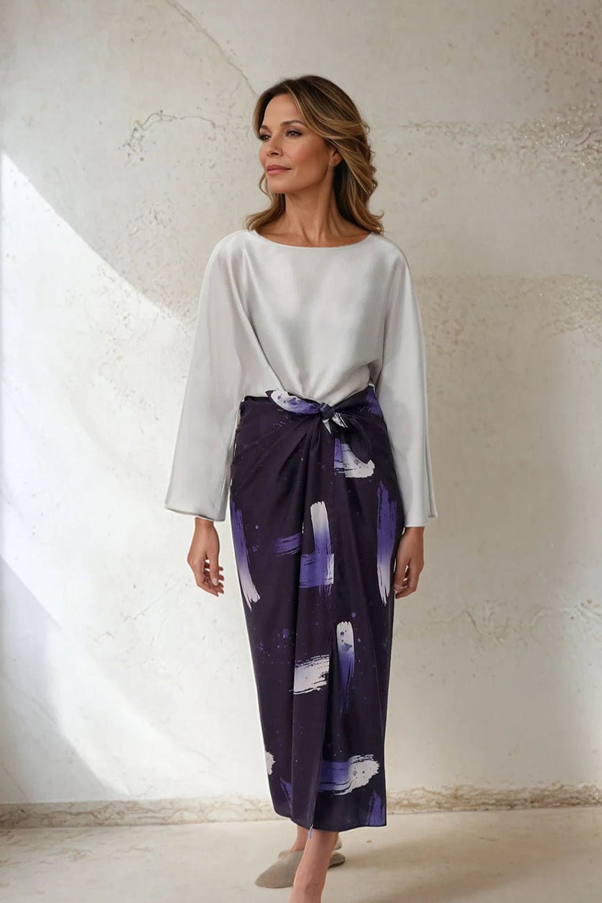 PAREO SKIRT IN HAND - DYED SILK VIOLET BRUSHSTROKE - Jarbo