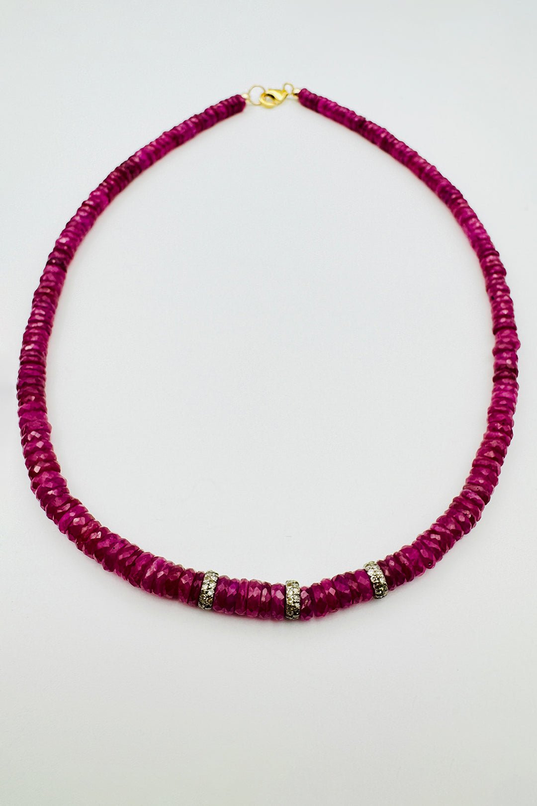 PINK SAPPHIRE HEISHI NECKLACE WITH 3 DOUBLE DIAMOND SPACERS - Jarbo