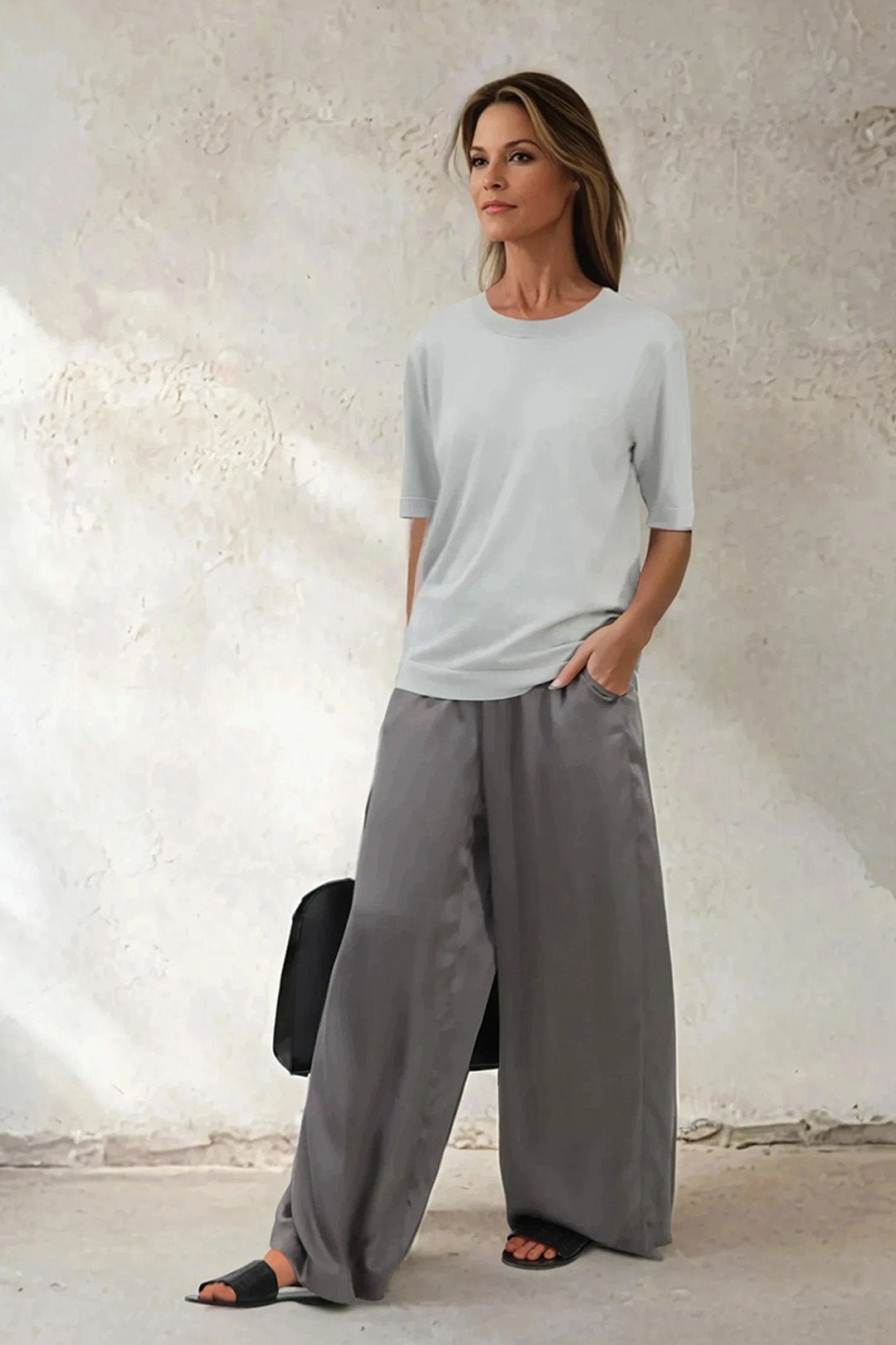 PRIYA CHARMEUSE SILK WIDE LEG PANT IN GUNMETAL SILVER - Jarbo