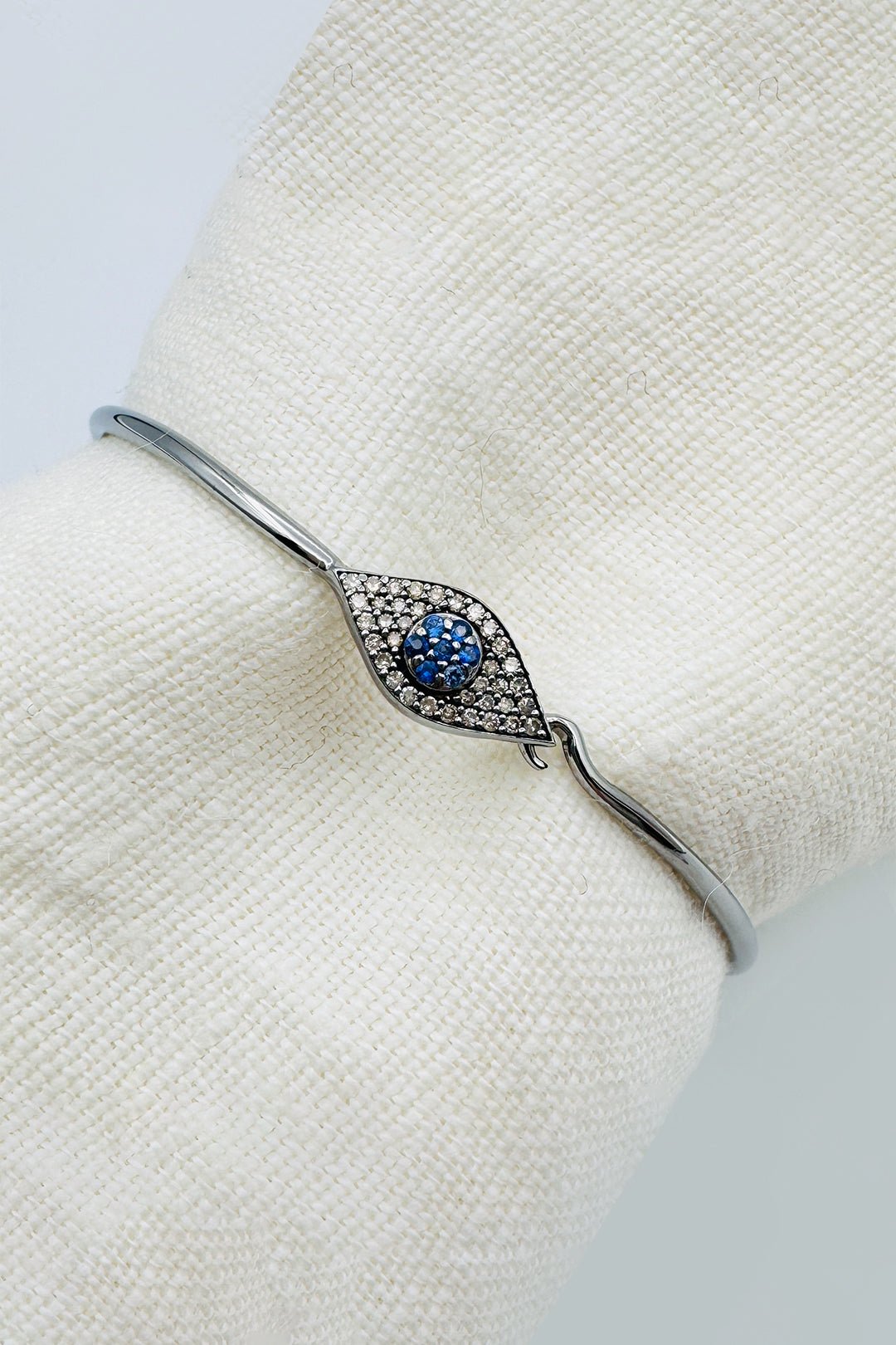 RHODIUM SILVER DIAMOND & SAPPHIRE EVIL EYE BANGLE - Jarbo