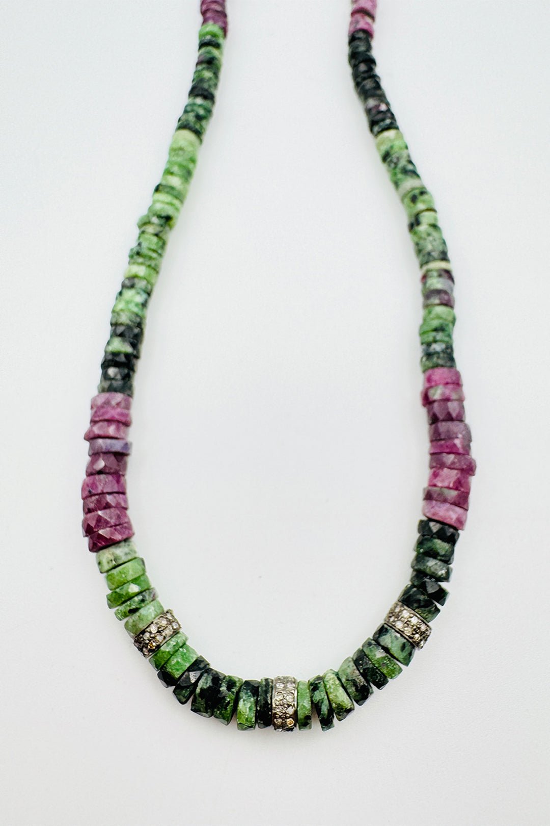 RUBY ZOISITE HEISHI NECKLACE WITH 3 DOUBLE DIAMOND RHONDELS - Jarbo