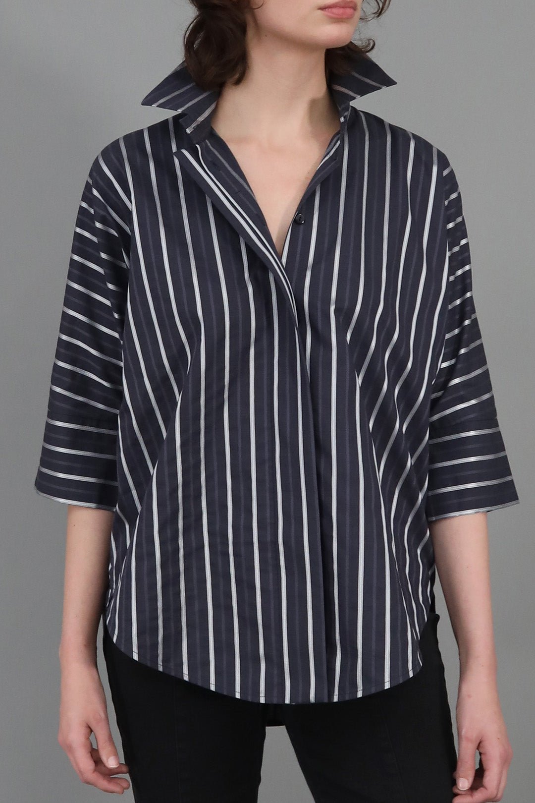 SAHANA DOLMAN SHIRT IN 100% ITALIAN COTTON BLACK STRIPE - Jarbo