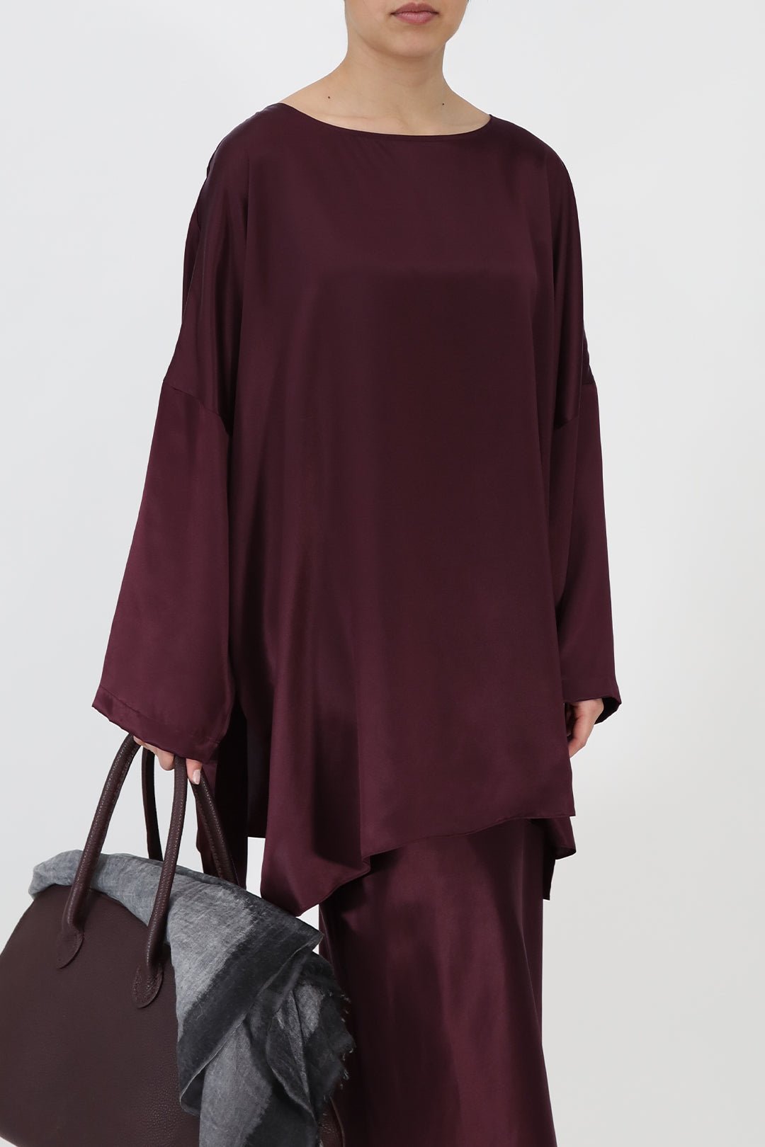 SAMIRA ONE - SIZE TUNIC IN SILK CHARMEUSE BORDEAUX - Jarbo