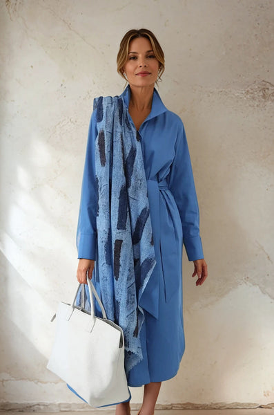 white cotton summer dress SHIRTDRESS DUSTER IN PREMIUM ITALIAN COTTON MID OCEAN BLUE / XL / JPS9799