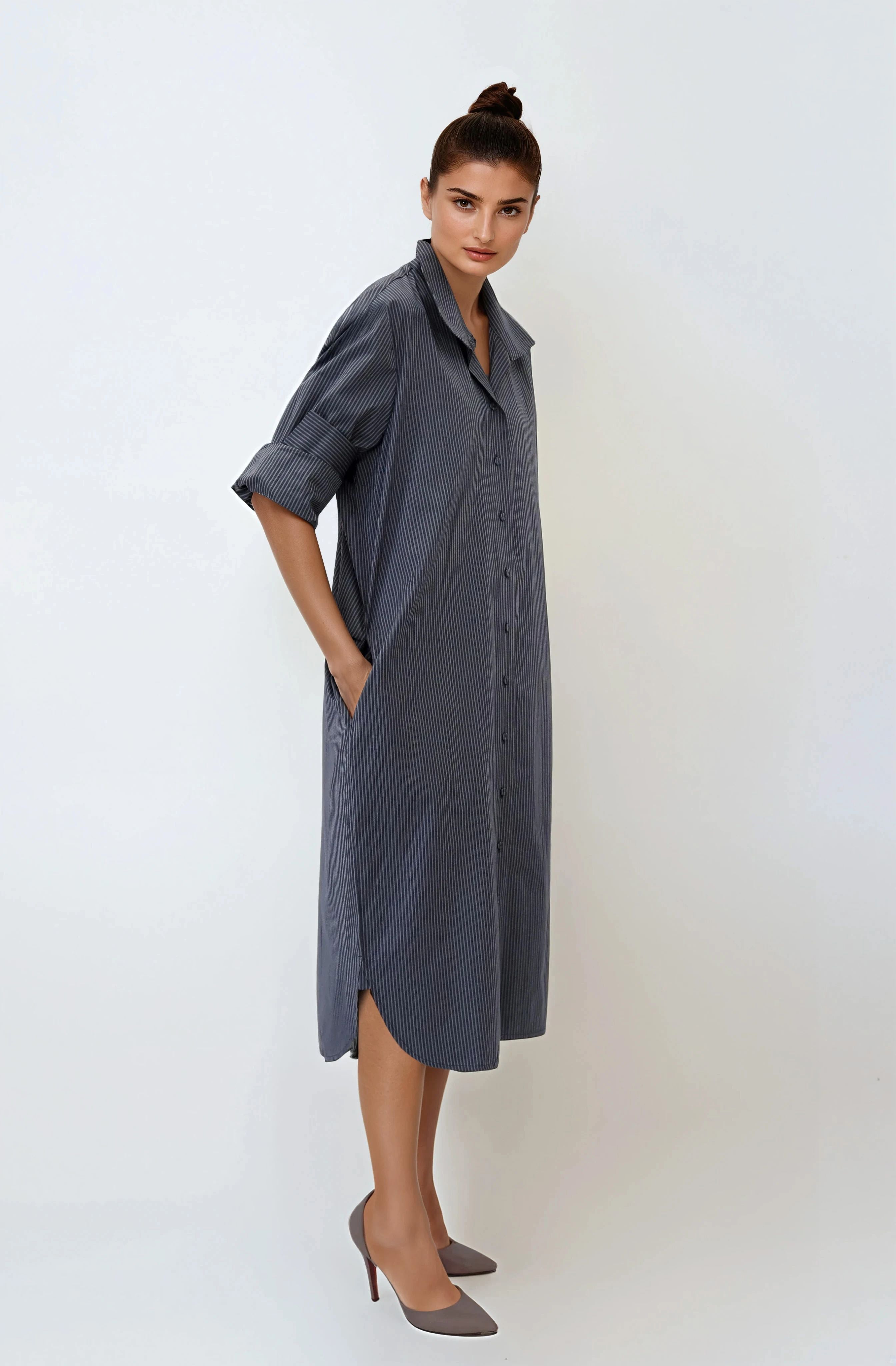 SHIRTDRESS IN PREMIUM ITALIAN COTTON DARK GREY STRIPE - Jarbo