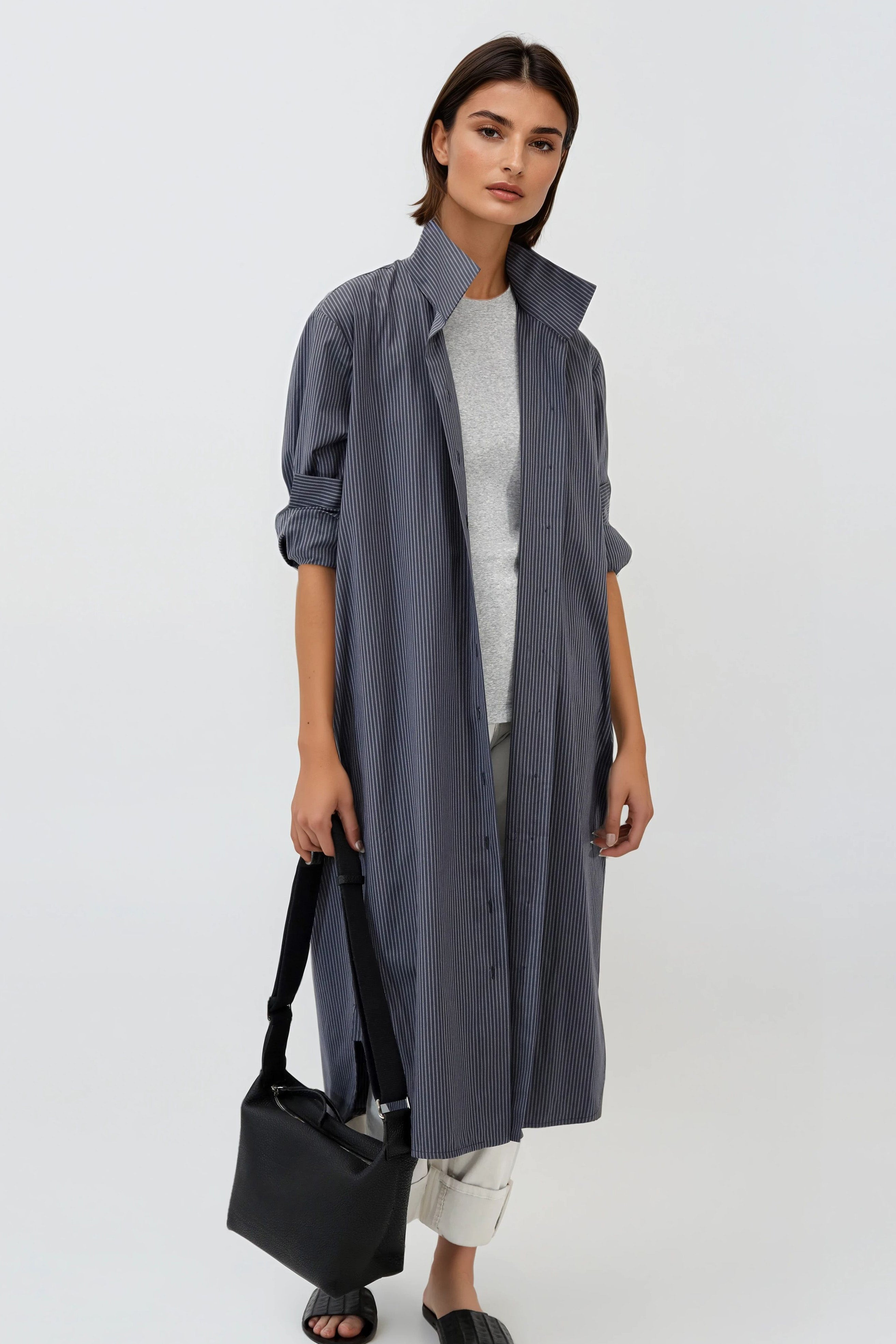 SHIRTDRESS IN PREMIUM ITALIAN COTTON DARK GREY STRIPE - Jarbo