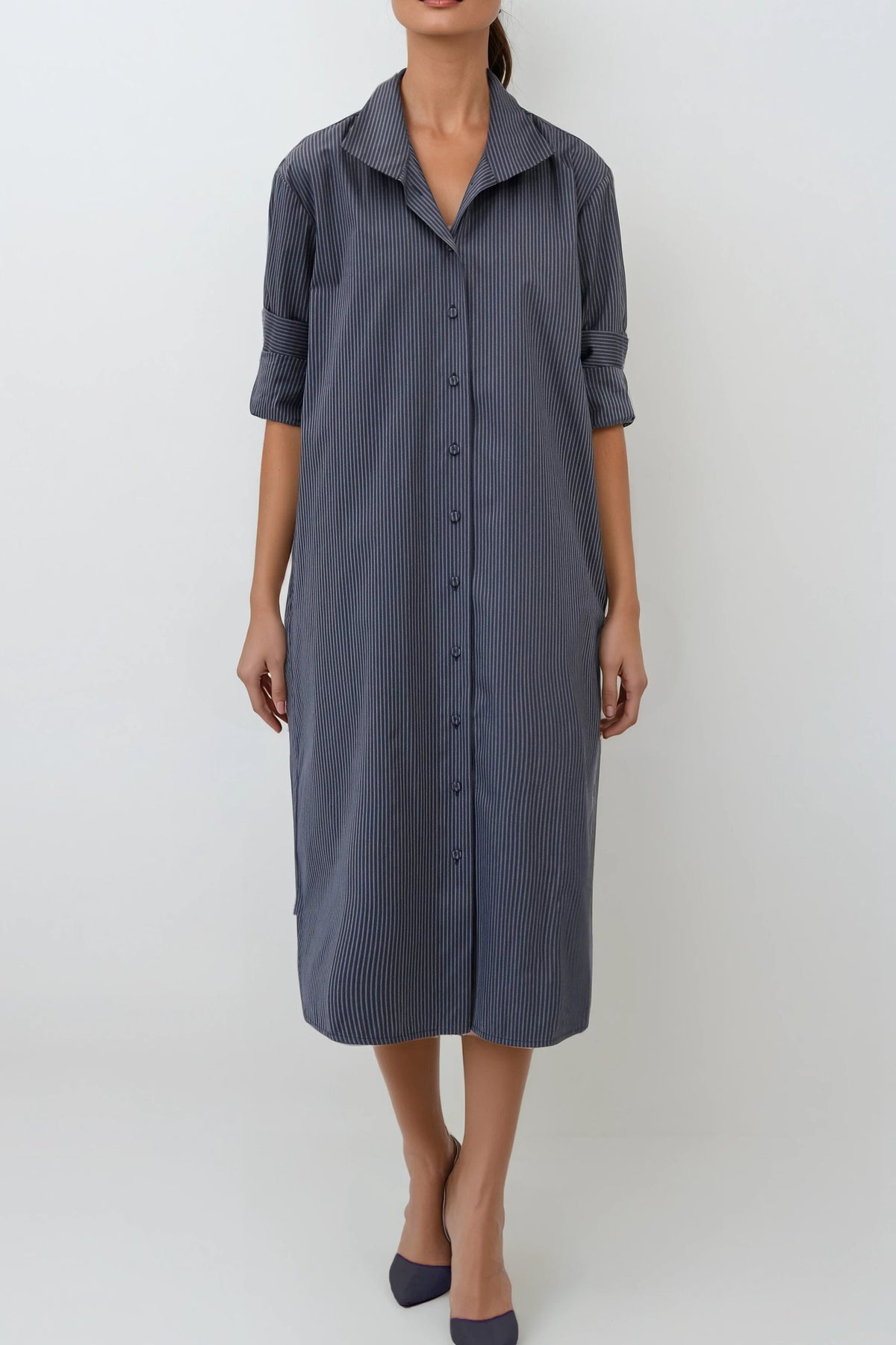 SHIRTDRESS IN PREMIUM ITALIAN COTTON DARK GREY STRIPE - Jarbo