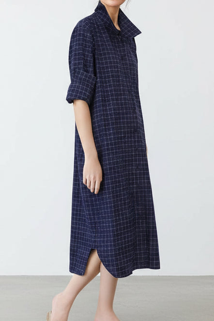 SHIRTDRESS IN PREMIUM ITALIAN COTTON DEEP BLUE SQUARE - Jarbo