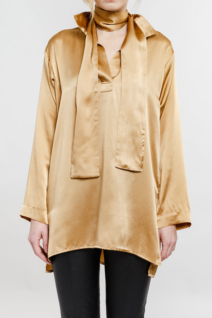 SCARF TIE BLOUSE IN CAMEL SILK CHARMEUSE