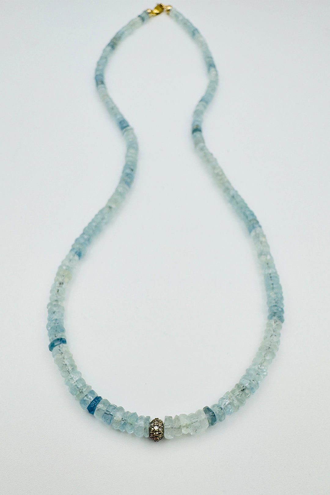 SMALL AQUAMARINE NECKLACE WITH MINI DIAMOND DONUT BEAD - Jarbo