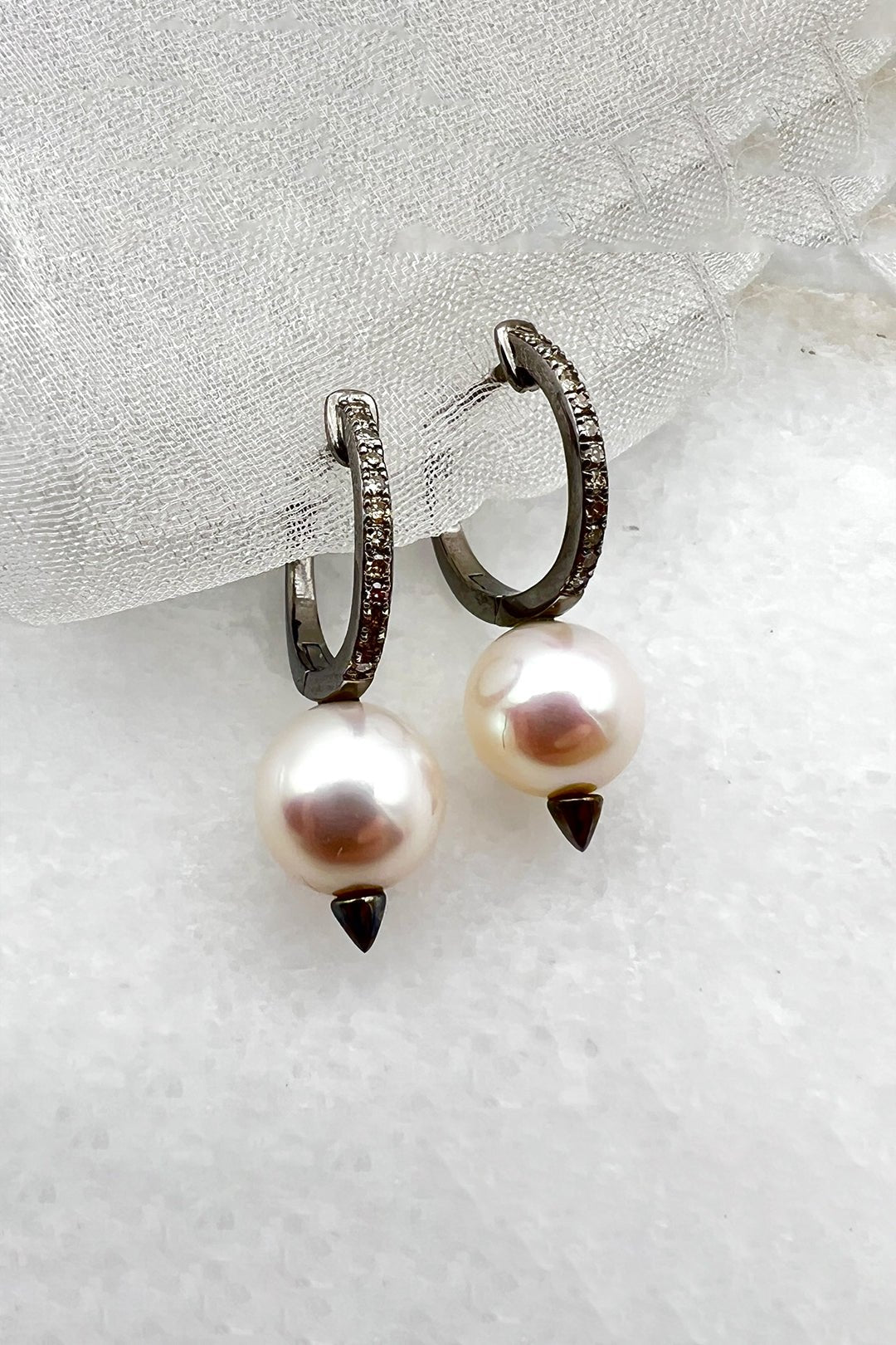 SS DIAMOND LARGE PEARL HOOP EARRINGS WITH SPIKE - Jarbo