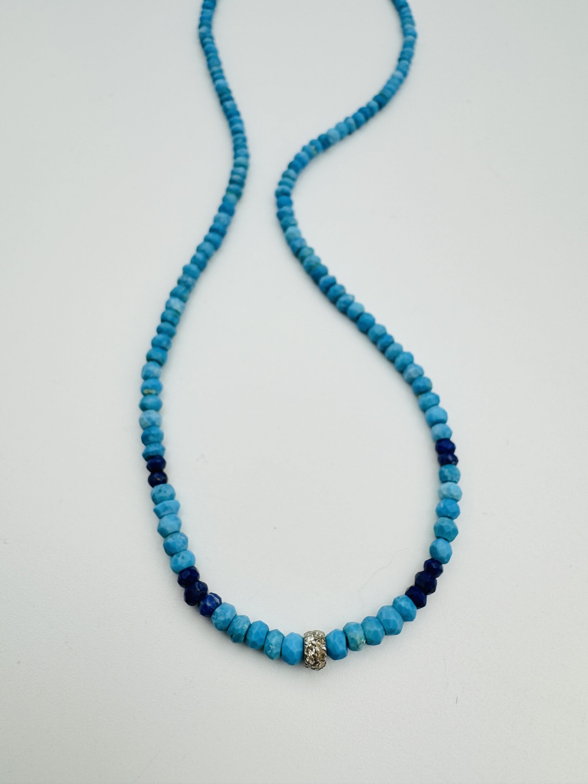 SS DOUBLE DIAMOND RHONDEL LAPIS AND TURQUOISE SEGMENT NECKLACE - Jarbo