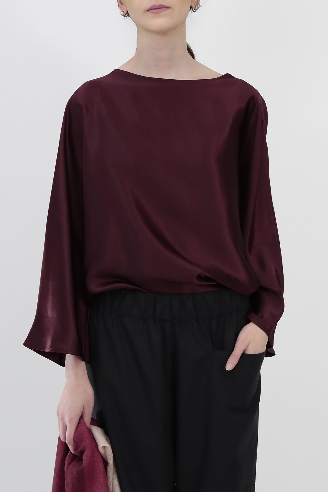 SYLVIE BRACELET SLEEVE BLOUSE IN SILK CHARMEUSE BORDEAUX - Jarbo