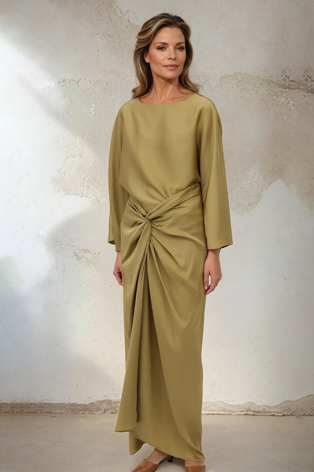 SYLVIE BRACELET SLEEVE BLOUSE IN STRETCH SILK CHARMEUSE IN GOLD - Jarbo