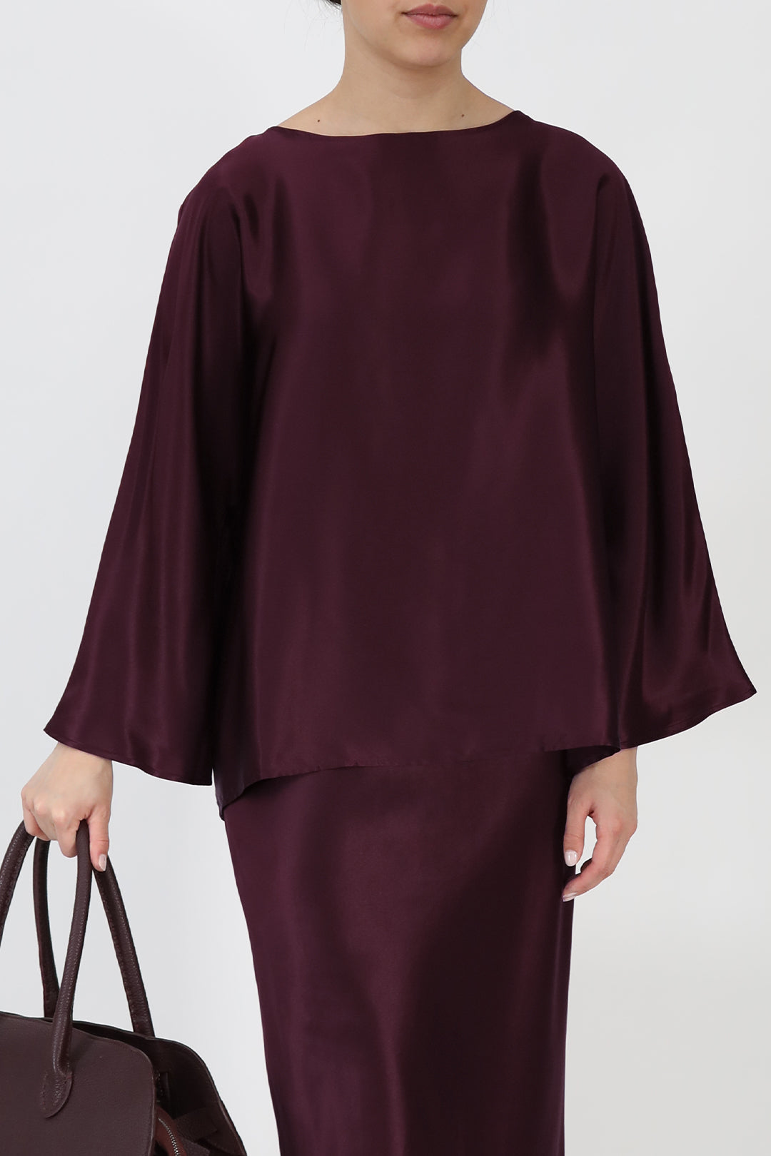 SYLVIE BRACELET SLEEVE BLOUSE IN SILK CHARMEUSE BORDEAUX