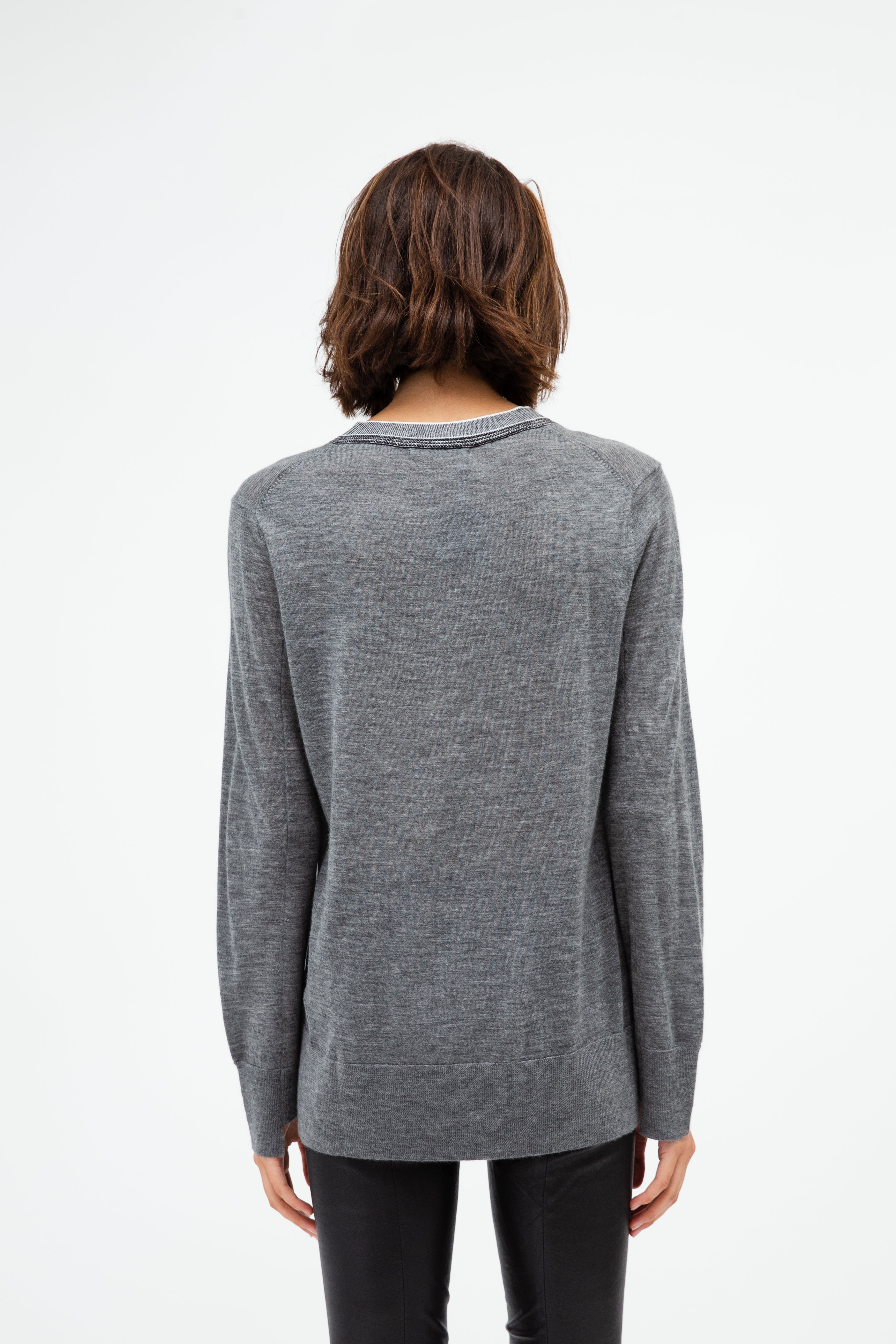 V-NECK PIQUE TRIM IN FINE GAUGE CASHMERE - Jarbo