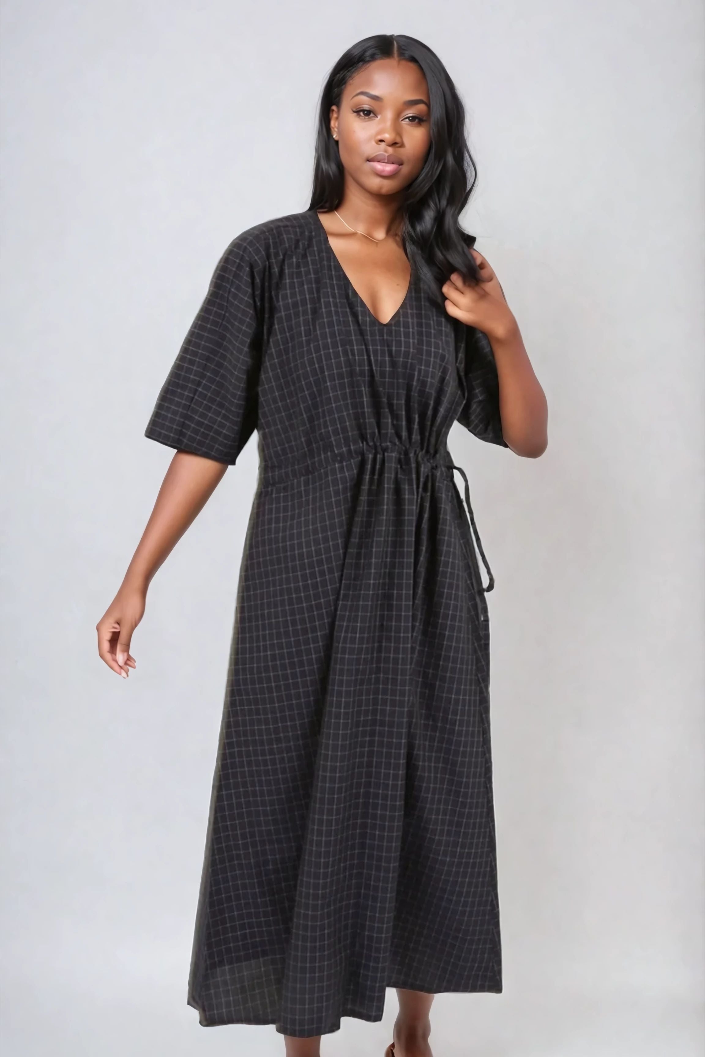 VANESSA DRESS WITH WAISTED DRAWSTRING IN COTTON POPLIN