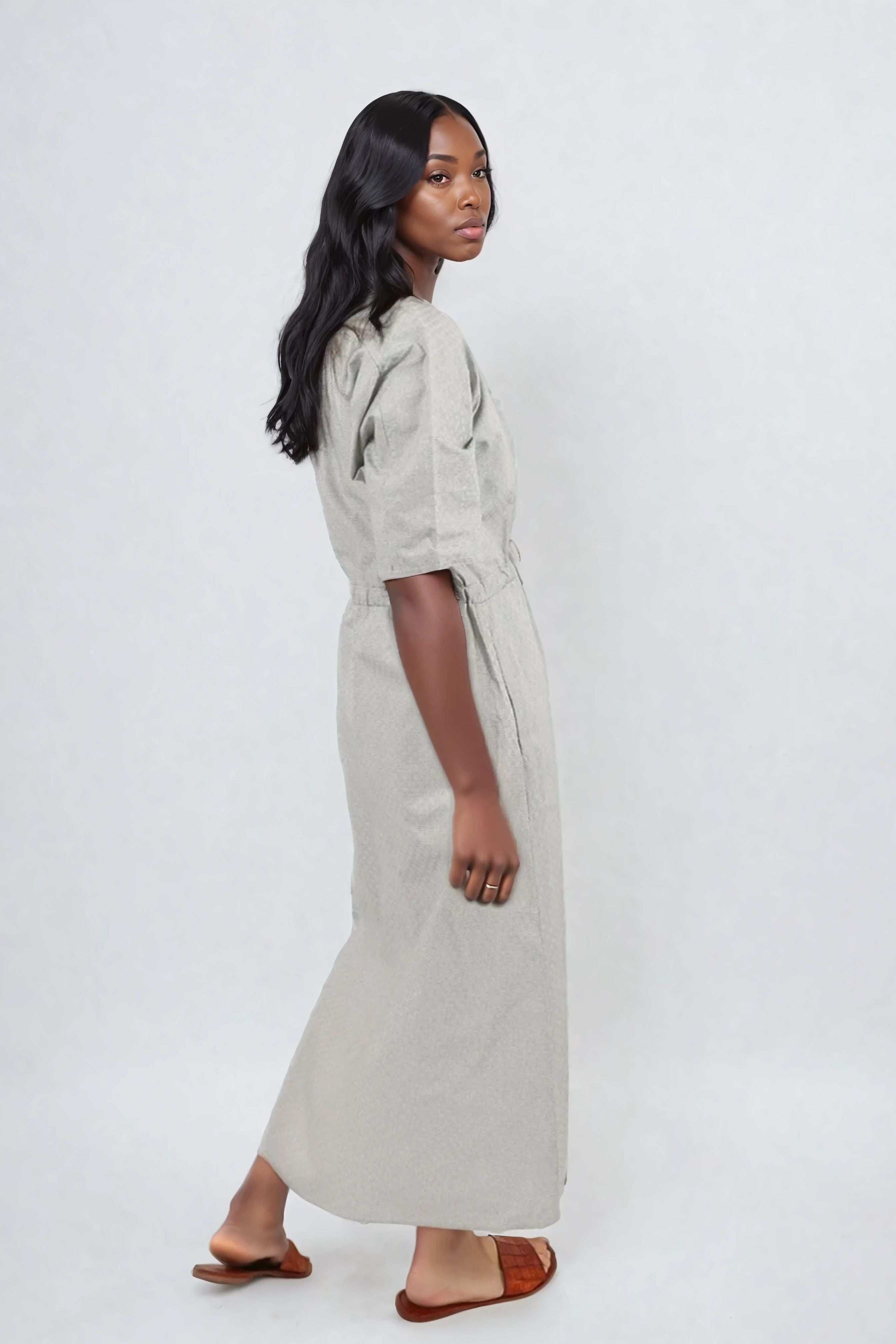 VANESSA DRESS WITH WAISTED DRAWSTRING IN COTTON POPLIN - Jarbo