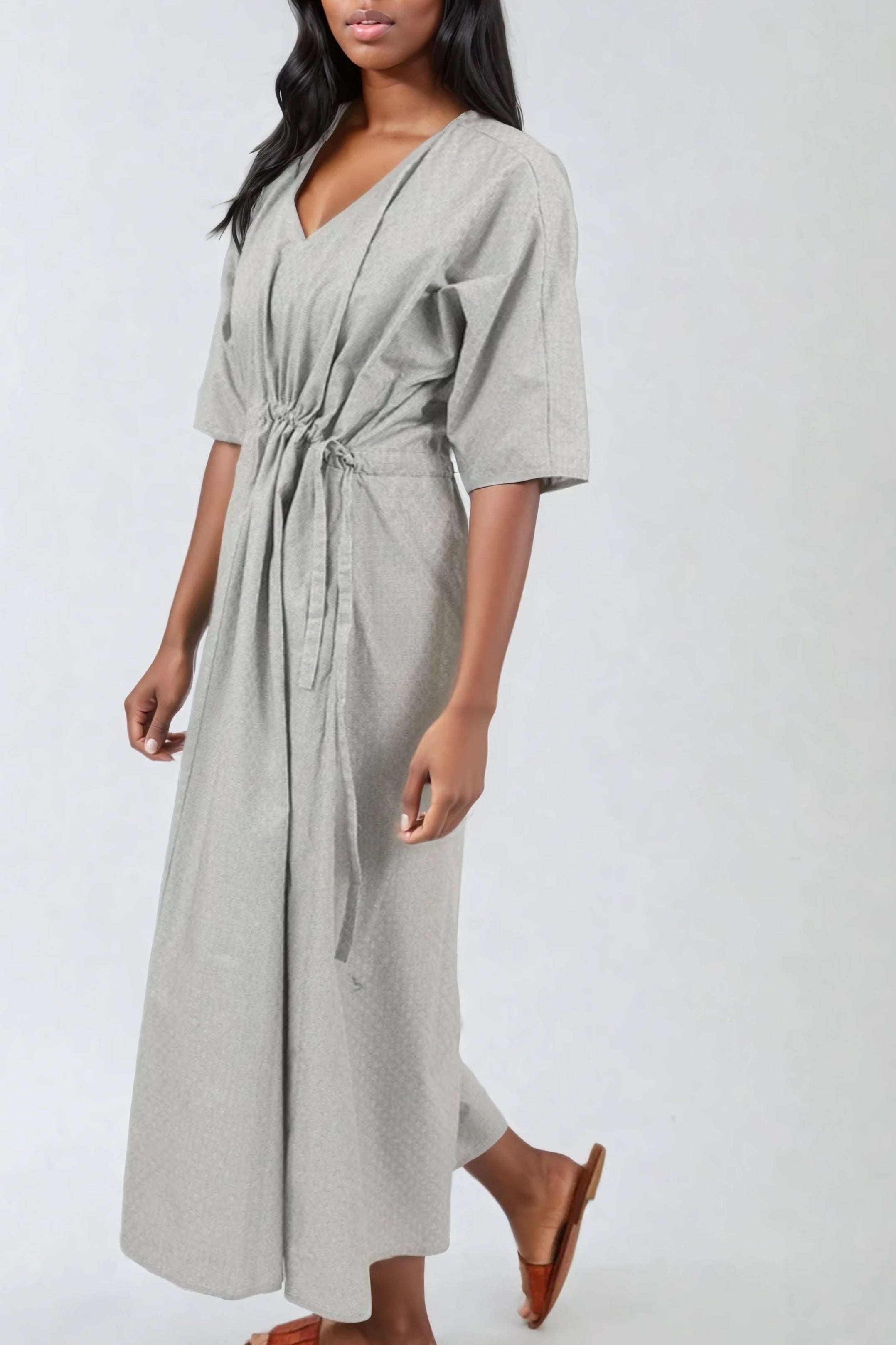 VANESSA DRESS WITH WAISTED DRAWSTRING IN COTTON POPLIN - Jarbo