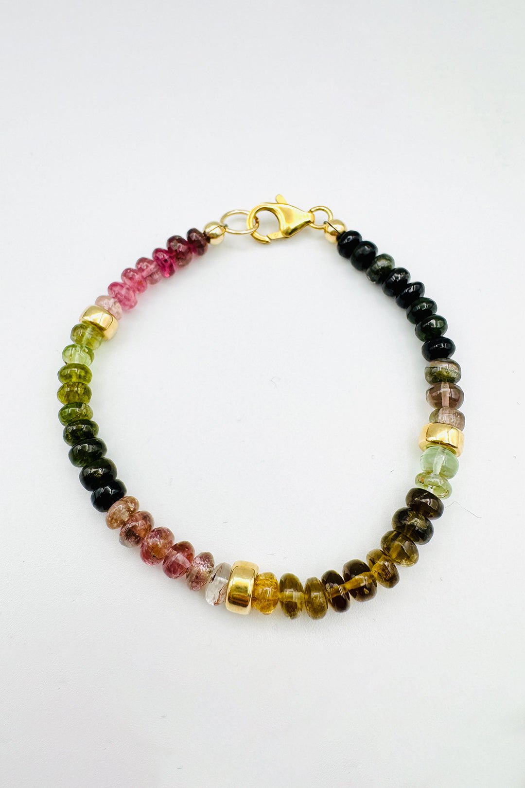 WATERMELON TOURMALINE SMOOTH BRACELET WITH GOLD BEAD - Jarbo