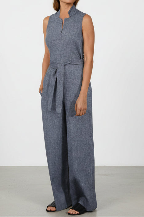 WIDE LEG SLEEVELESS JUMPSUIT IN LINEN - COTTON STRETCH - Jarbo