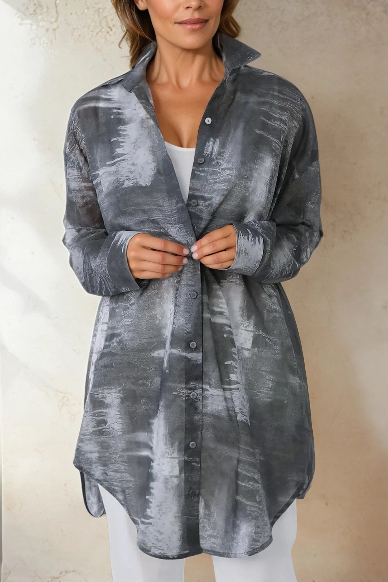 ZURI ONE - SIZE LAYERED TUNIC SHIRT IN ITALIAN COTTON VOILE GREY STORM - Jarbo