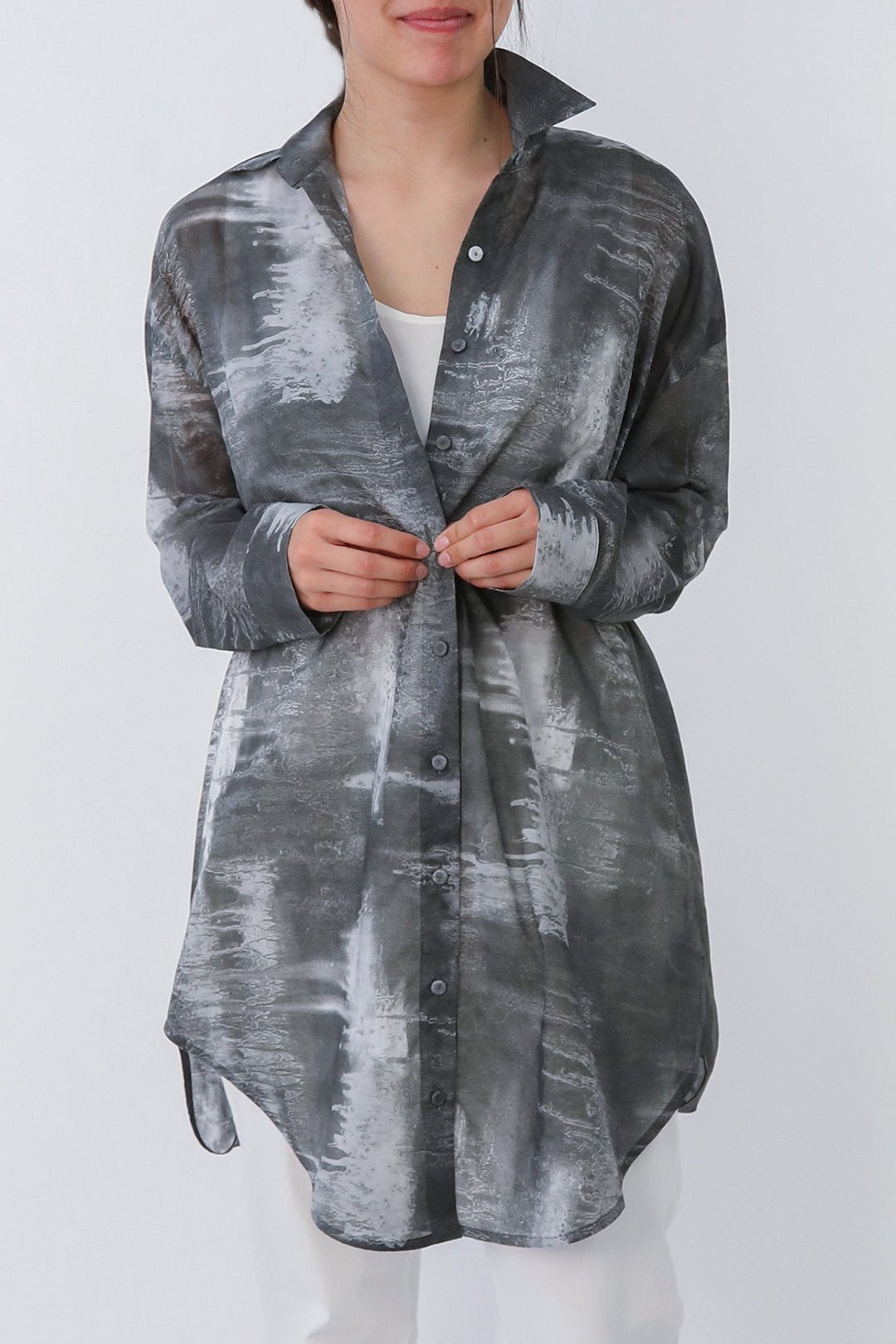 ZURI ONE - SIZE LAYERED TUNIC SHIRT IN ITALIAN COTTON VOILE GREY STORM - Jarbo