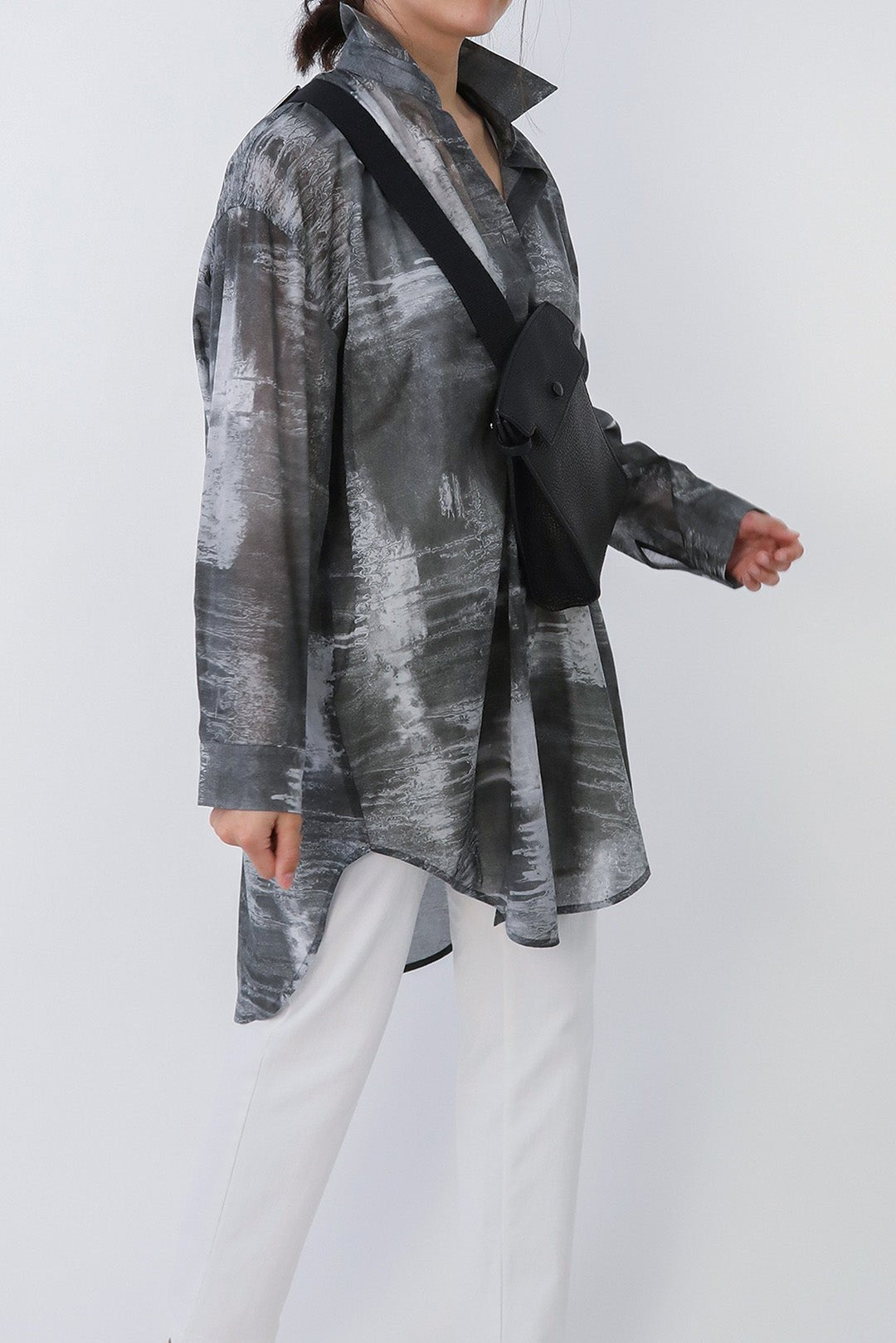 ZURI ONE - SIZE LAYERED TUNIC SHIRT IN ITALIAN COTTON VOILE GREY STORM - Jarbo