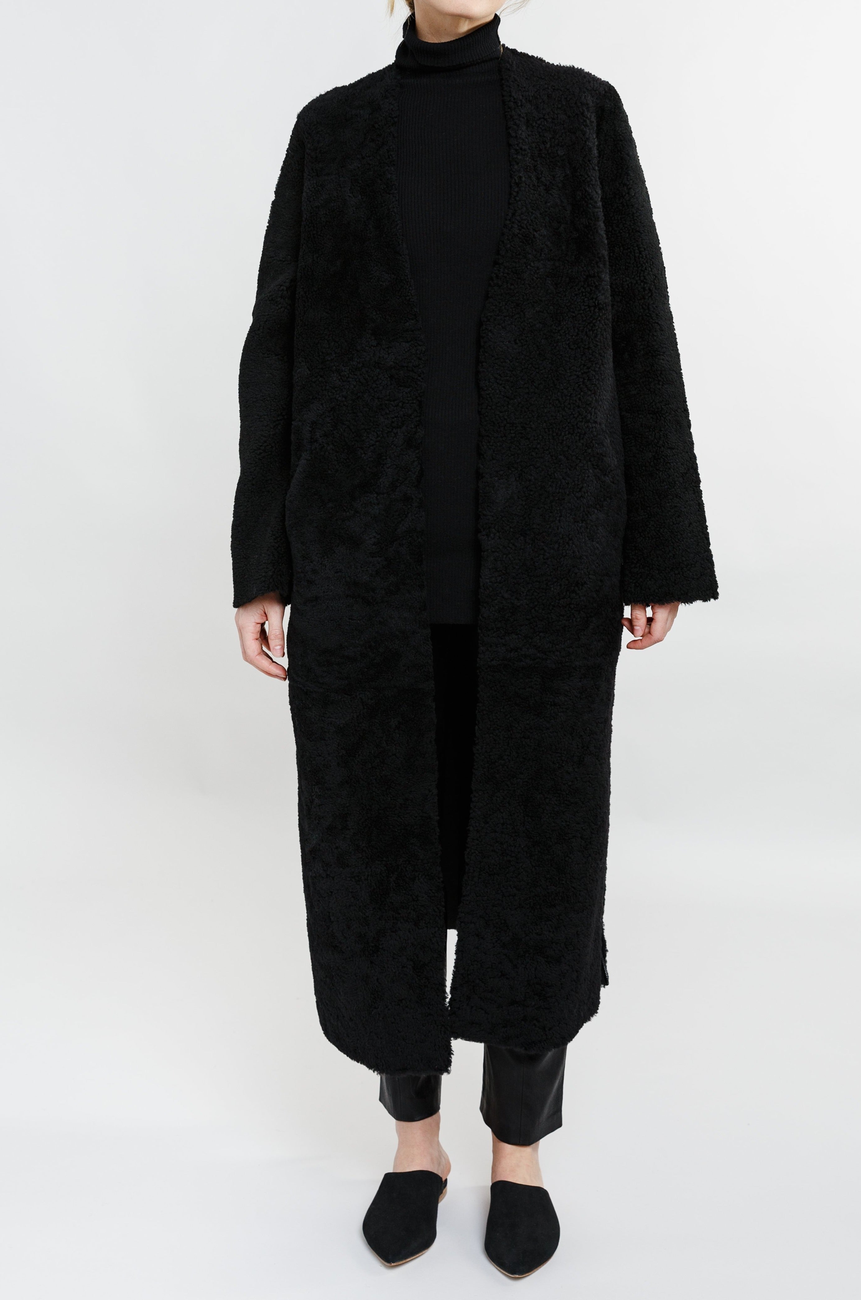 SHEARLING LONG COAT WITH SIDE VENT ZIP