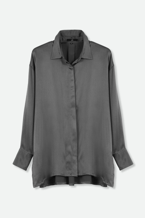 ADRIA SHIRT IN STRETCH SILK CHARMEUSE IN CHARCOAL GREY - Jarbo