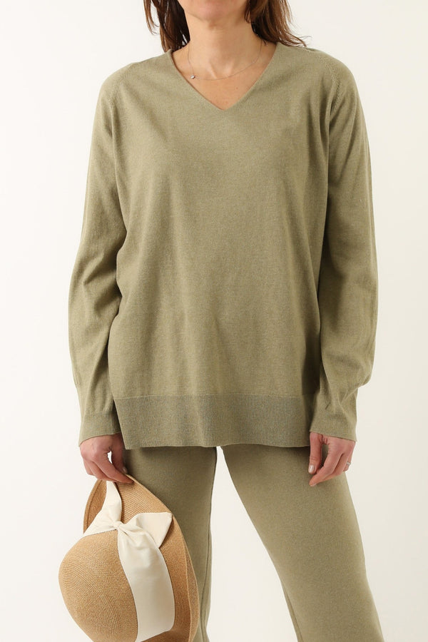 AVERY V NECK TUNIC IN DOUBLE KNIT PIMA COTTON IN GREEN HEATHER - Jarbo