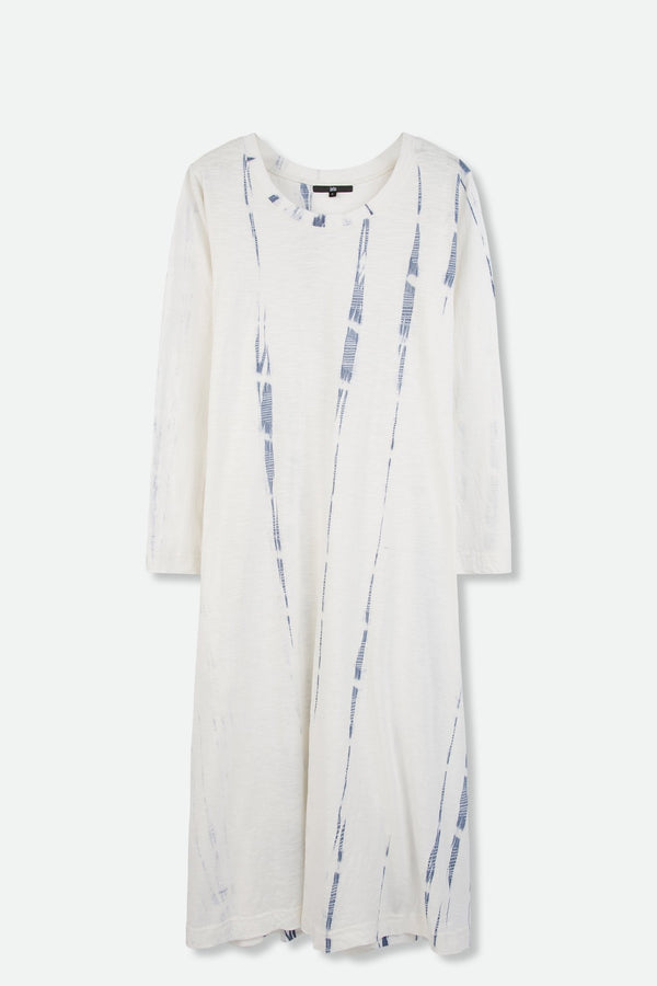 BOATNECK 3/4 SLEEVE MARI DRESS IN SHIBORI-DYED SLUB COTTON WHITE-BLUE FEATHER - Jarbo