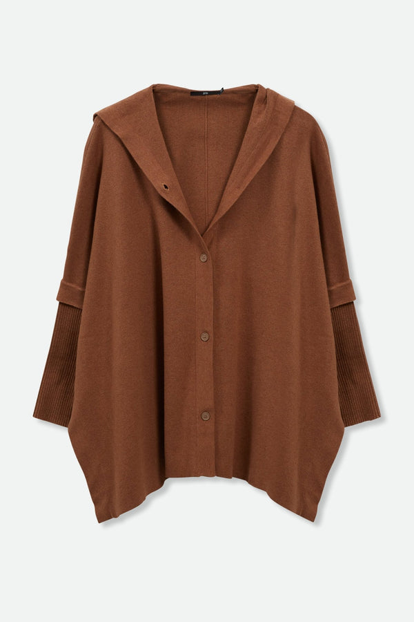 HARPER HOODED CAPE IN DOUBLE KNIT PIMA COTTON STRETCH SADDLE BROWN HEATHER - Jarbo