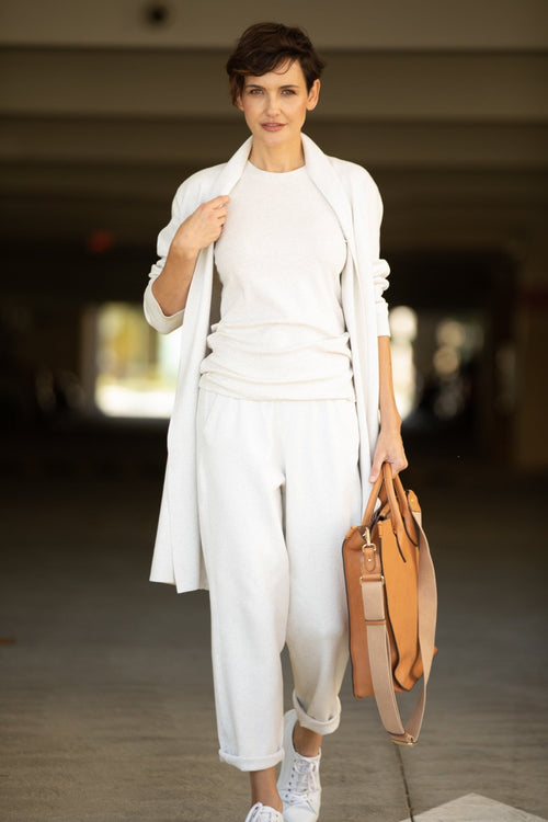 PAIGE PANT IN DOUBLE KNIT HEATHERED PIMA COTTON IN OAT BEIGE