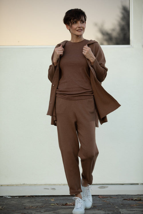 PAIGE PANT IN DOUBLE KNIT HEATHERED PIMA COTTON IN SADDLE BROWN HEATHER