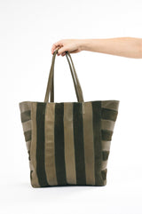 STRIPE STITCHED SUEDE & LEATHER TOTE HANDBAG IN ARMY - Jarbo